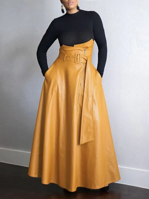 A-Line High Waisted Belted Pockets Solid Color Zipper Skirts Bottoms