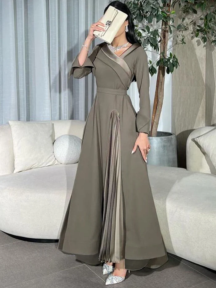 A-Line Wrap Pleated Solid Color Split-Joint V-Neck Maxi Dresses