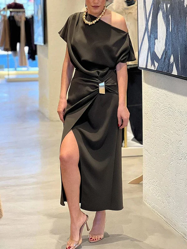 Raglan Sleeve Asymmetric Pleated Split-Front Split-Joint One-Shoulder Evening Dresses Maxi Dresses