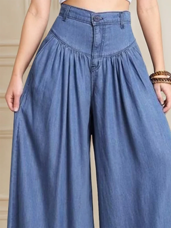 Loose Wide Leg Buttoned Solid Color Zipper Jean Pants Bottoms Trousers