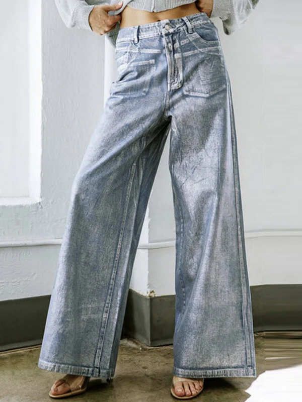 High Waisted Loose Printed Split-Joint Jean Pants Bottoms