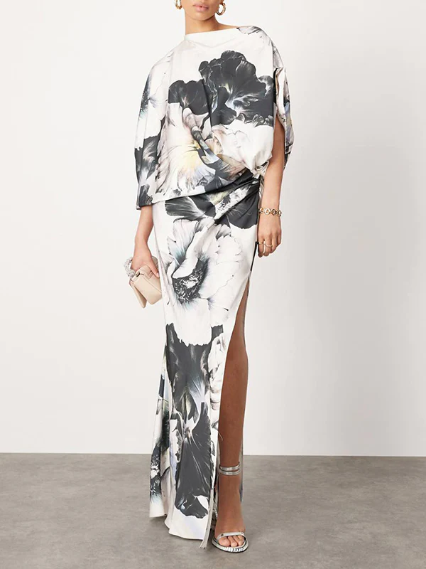 Batwing Sleeves Loose Asymmetric Floral Printed Split-Joint Split-Side One-Shoulder Evening Dresses Maxi Dresses