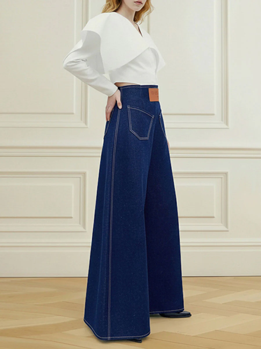 High Waisted Loose Elasticity Pockets Solid Color Zipper Jean Pants Bottoms