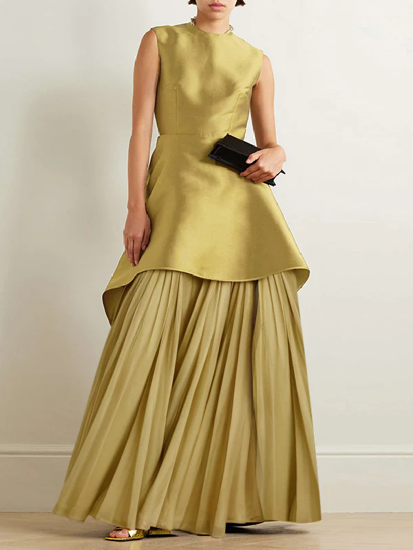 A-Line Loose Pleated Solid Color Split-Joint Tiered Round-Neck Evening Dresses Maxi Dresses