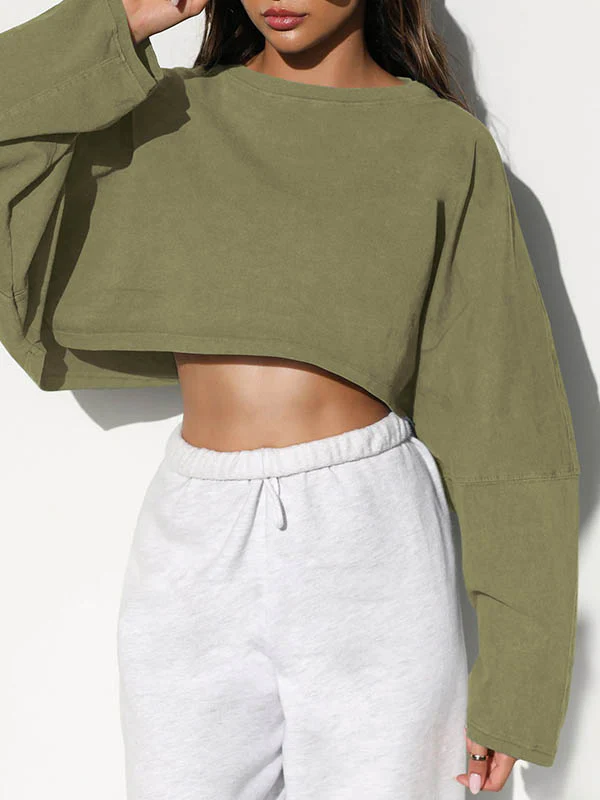 Long Sleeves Loose Solid Color Split-Joint Round-Neck Sweatshirt Tops