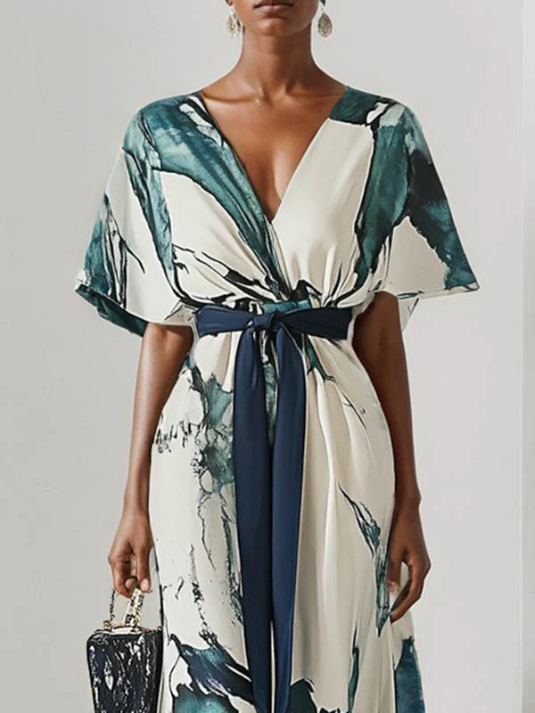 Batwing Sleeves Loose Printed Tied Waist V-Neck Evening Dresses Maxi Dresses