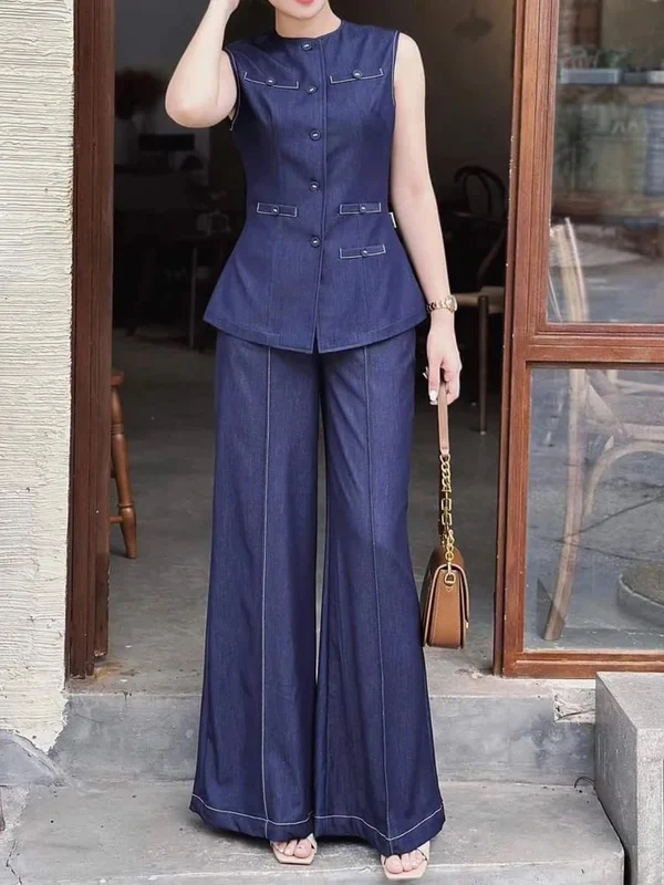 High Waisted Loose Elasticity Pockets Solid Color Jean Pants Bottoms Trousers