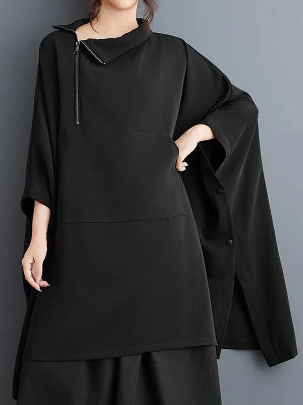 Batwing Sleeves Loose Buttoned Pockets Solid Color Zipper Mock Neck Sweatshirt Tops