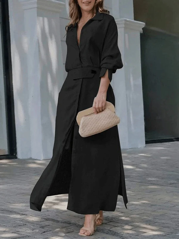 Long Sleeves Loose Split-Joint Split-Side V-Neck Maxi Dresses Shirt Dress