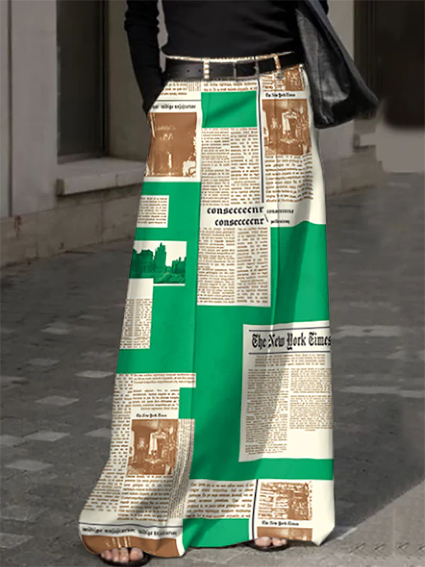 High Waisted Loose Newspaper Print Pockets Skirts Bottoms