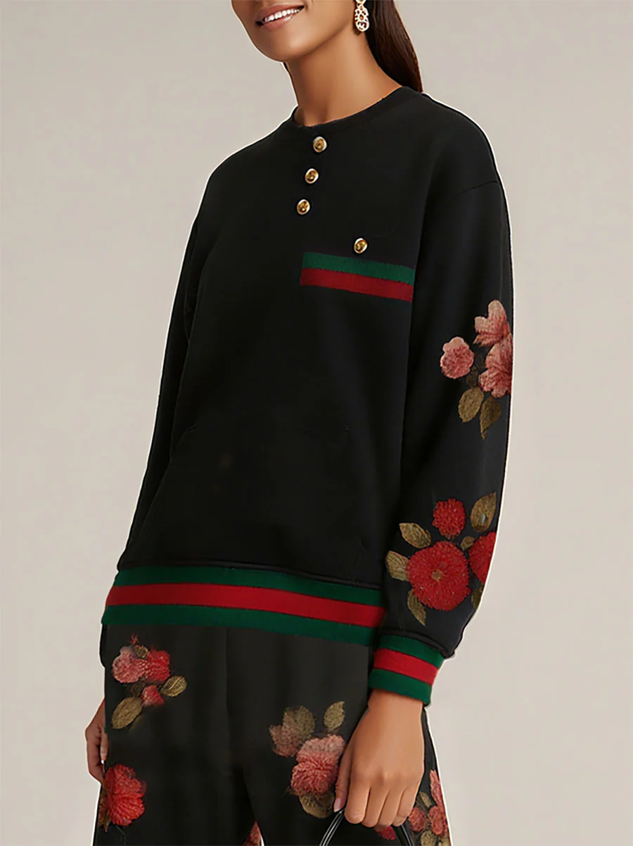 Long Sleeves Buttoned Contrast Color Flower Print Split-Joint Round-Neck Sweatshirt Tops