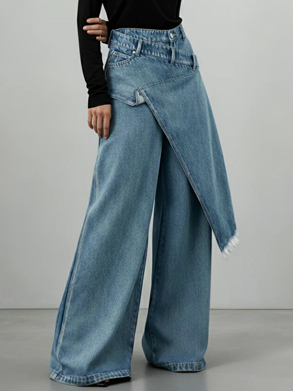 High Waisted Irregularity Asymmetric Buttoned Fringed Interlace Layered Pockets Solid Color Jean Pants Bottoms