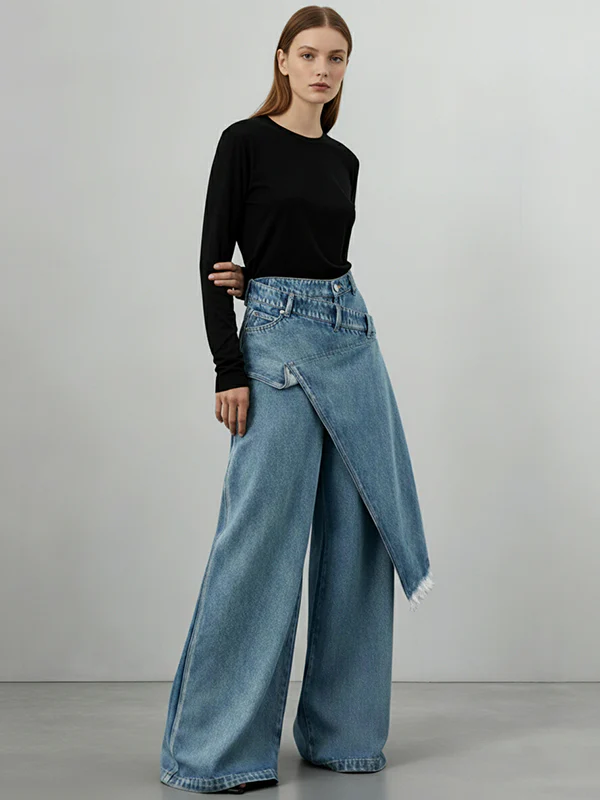 High Waisted Irregularity Asymmetric Buttoned Fringed Interlace Layered Pockets Solid Color Jean Pants Bottoms