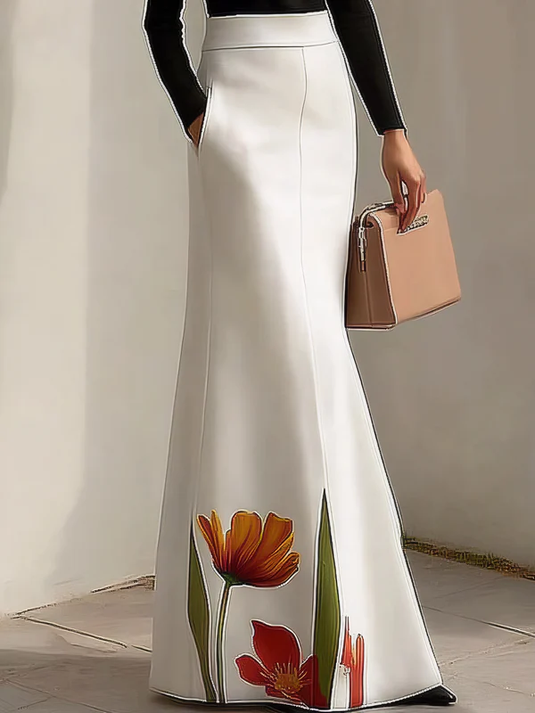 Bodycon High Waisted Flower Print Pockets Skirts Bottoms