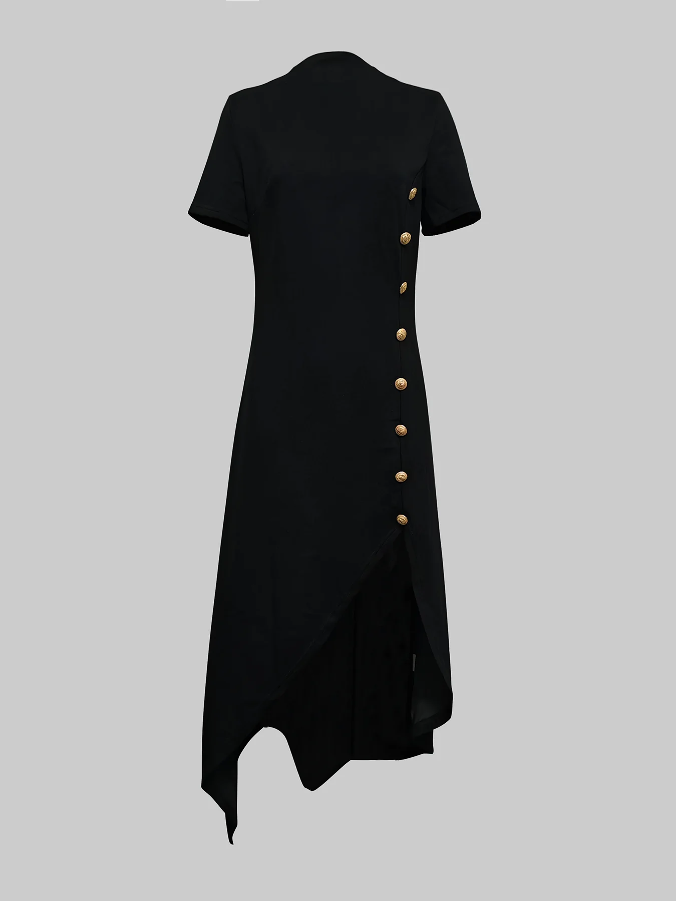 High-low Short Sleeves Buttoned Solid Color Round-neck Maxi Dresses