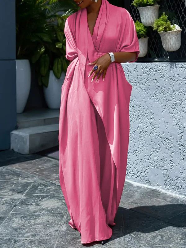 Loose Short Sleeves Asymmetric Pleated Solid Color Split-Joint V-Neck Maxi Dresses Shirt Dress