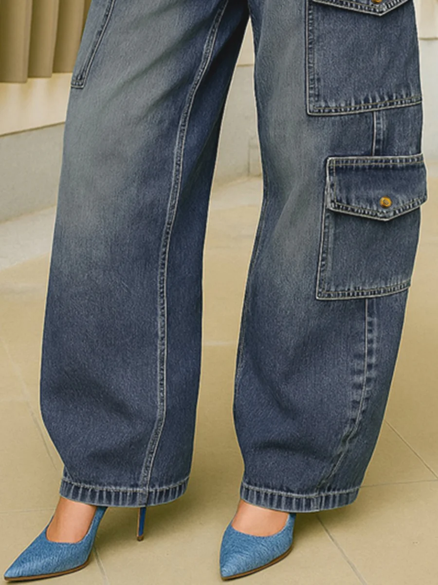 High Waisted Loose Buttoned Pockets Solid Color Split-Joint Jean Pants Bottoms