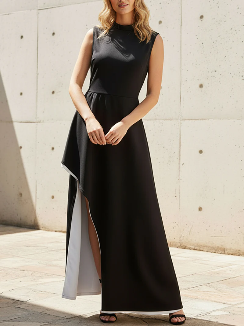 Irregular Clipping Skinny Contrast Color Round-Neck Maxi Dresses