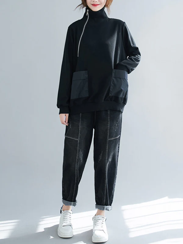 Artistic Retro Loose Zipper High-Neck Long Sleeves Sweatshirt Top