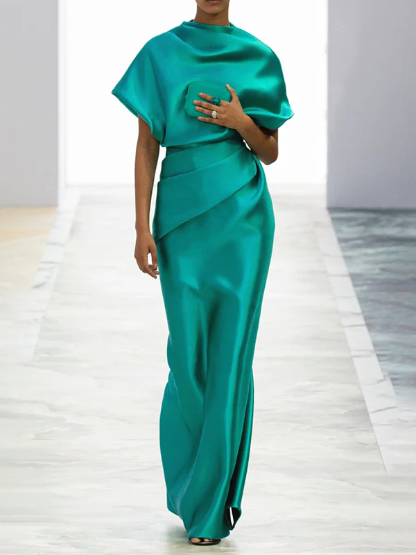 Loose Short Sleeves Pleated Solid Color Maxi Dresses