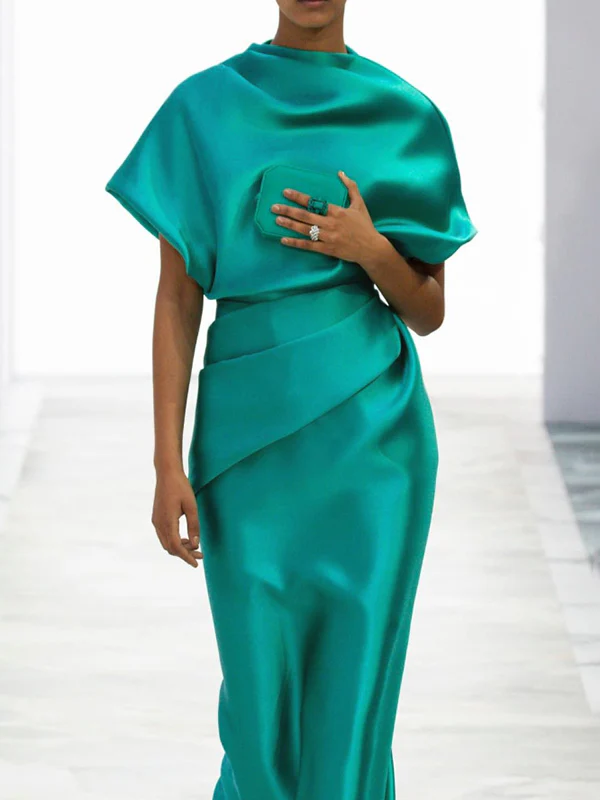 Loose Short Sleeves Pleated Solid Color Maxi Dresses